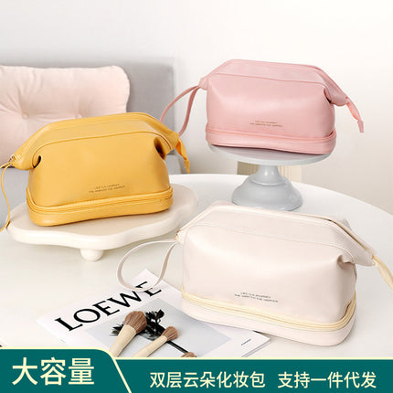 Hot Selling Double Layer Cloud Cosmetic Bag Women's Portable Travel Pu Large Capacity Washing Makeup Brush High-Looking Storage