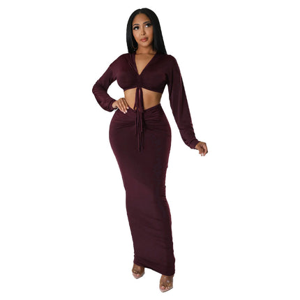 9966 cross-border Europe and the United States Amazon hooded crop top sexy high waist step skirt two-piece set