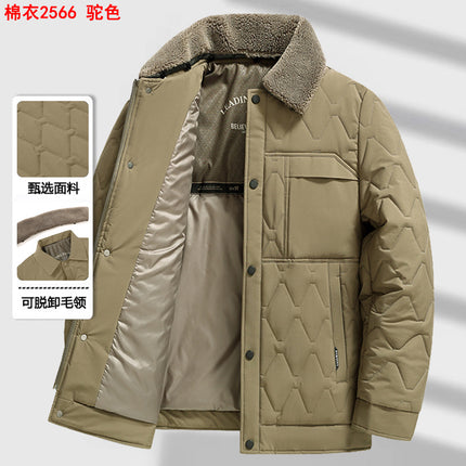 Men's Winter Thickeneded Quilted Warm Cotton Outwear with Removable Fur Collar for Middle-Aged Dads Lapel Cotton Top 2566
