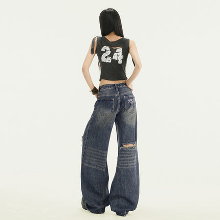 American Retro Ripped Wide Leg Jeans Women's 2025 Spring and Summer New Straight Loose High Waist Slim-Fit Mopping Pants