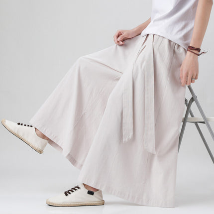 Summer Linen Pants Men's Chinese Style Loose Wide-Leg Pants Chinese Style Large Size Casual Pants Retro Long Pants Wide-Leg Culottes