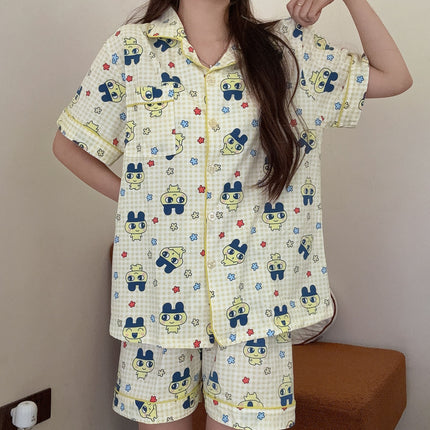 Cute Tamagotchi Pajamas for Women, Summer Short-Sleeve Shorts, Thin Cotton Cartoon Japanese-Style Plaid Loungewear