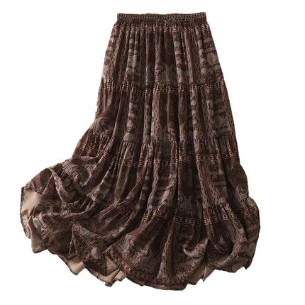 Real Shot of 2025 Summer New Products, Loose, Artistic, Ethnic Style, Floral Elastic Waist Cake Skirt, Casual and Versatile