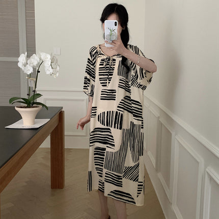 2026 New Cotton Silk Nightgown for Women, High-End Printed Short-Sleeved Long Dress, Large Size, Thin Style, Can Be Worn Outside as Loungewear