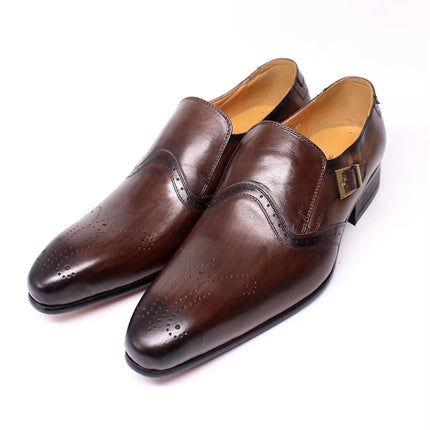 Loafers Men's Low-Cut Buckle Carved Leather Shoes Men's Pointed Toe European and American Trendyy Slip-On Men's Shoes Shoes Men