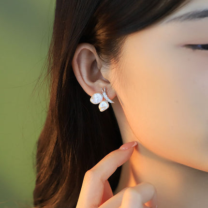 Natural Pearl Butterfly Zircon Sterling Silver Earrings High-End Baroque S925 Silver Simple Handmade Earrings Jewelry
