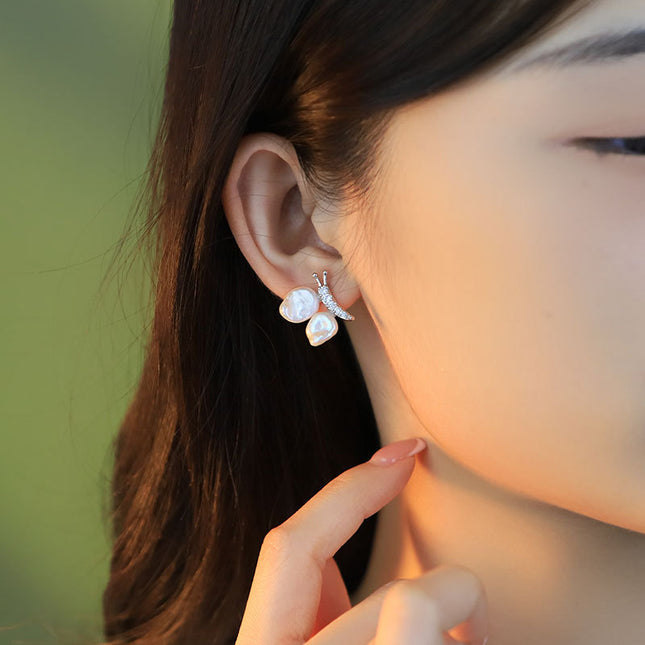 Natural Pearl Butterfly Zircon Sterling Silver Earrings High-End Baroque S925 Silver Simple Handmade Earrings Jewelry