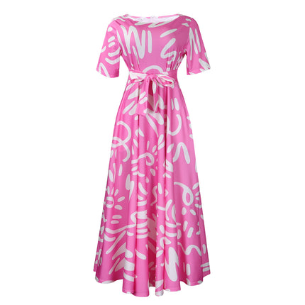 Q125 summer new fashion cross-border Amazon temperament women's lace-up printing foreign trade plus size European and American dress