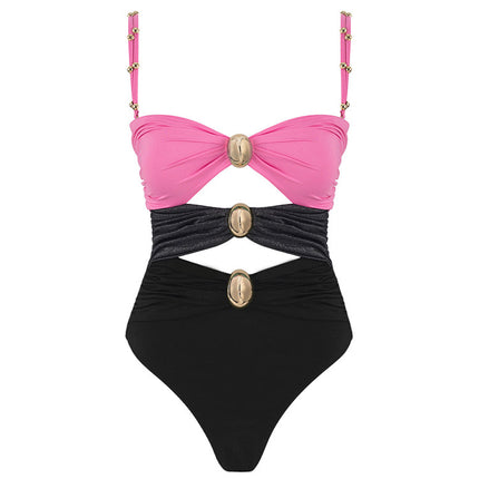 2024 European and American Amazon Aliexpress One-piece Swimsuit Gold Button Color Matching Three-color Sexy Swimsuit Suit for Women
