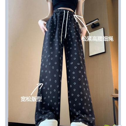 Grey Smiley Print Straight Leg Wide Leg Pants Women's Spring and Autumn New High Waist Dumping Sports Pants Loose Slimming Casual