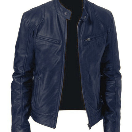 Foreign Trade Business Gentleman Warm Zipper Cardigan Pocket Decorative PU Leather Jacket Stand Collar Slim Fit Zipper Leather Jacket