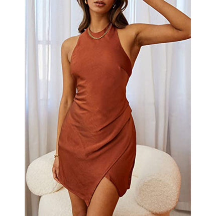 2023 Europe and the United States cross-border Women's new Amazon solid color satin hanging neck open-fork mini dress