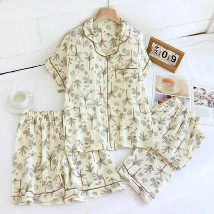 Various Style Spring and Summer Cotton Crepe Pajamas Sweet Three-Piece Short-Sleeved Trousers Spring and Autumn Loose Casual suit