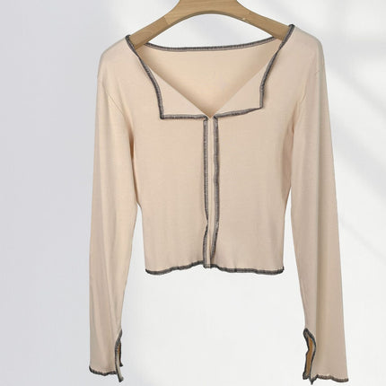 Autumn New Open Line Design Sense Half-open Collar Long-sleeved T-shirt Women's Chic Niche Split Lapel Spice Girls Short Top