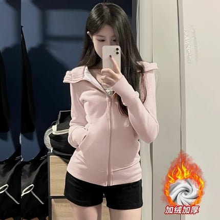 Women's Slim-Fit Fleece Hoodie Sports Fitness Cardigan Slimming Jacket Dopamine Korean Style Top Zipper Versatile Trendy
