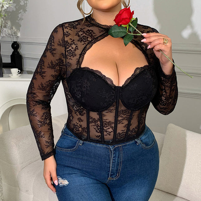 New European and American Style Plus-Size Slim-Fit Lace Mesh Patchwork Lace Sexy Hollow-Out Sheer Fishbone Underwire Top