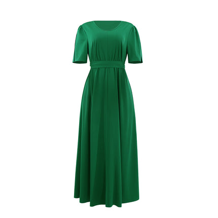 10579 Cross-border European and American High-grade Solid Color Green Round V-neck dress Slimming High Waist Tether Split Sleeve Elegant Long Dress