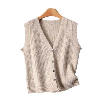 French Retro Twist Knitted Vest Cardigan for Women 2025 New Pure Wool Knitted Cable Loose Layered Jacket