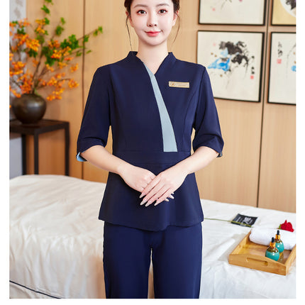 [Beauty Salon Robe] Female Beautician Work Clothes Foot Bath Club Foot Bath Nail Art Autumn and Winter Five-point Sleeve suit