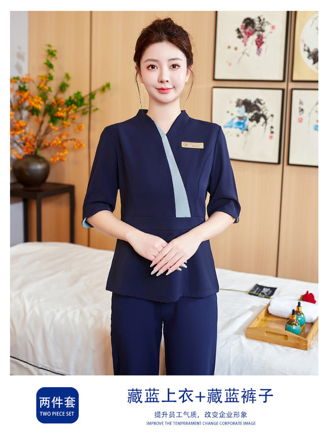 [Beauty Salon Robe] Female Beautician Work Clothes Foot Bath Club Foot Bath Nail Art Autumn and Winter Five-point Sleeve suit