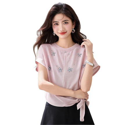 Korean-Style Heavy-Duty Rhinestone Short-Sleeve Knit Top for Women, 2025 Summer Style, Sleeveless Ice Silk T-Shirt, Trendy Tie-Up Crop Top, Thin
