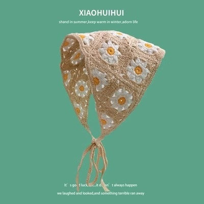 Hot Girl Internet Celebrant Photo Flower French Style Triangle Scarf Headscarf Women's Cute Knitted Hair Band Silk Scarf High-grade Headwear Summer