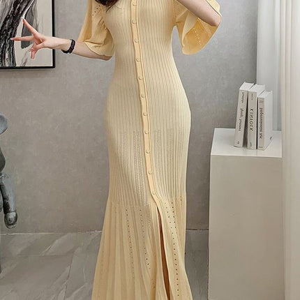 S Brand 2026 Spring/Summer New French-Style Short-Sleeve Knit Dress with Waist-Cinching Slit and A-Line Long Skirt on Aliexpress