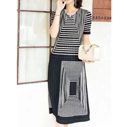 Miyake pleated 2025 summer new temperament round neck printed pleated skirt fashion waist thin magic dress