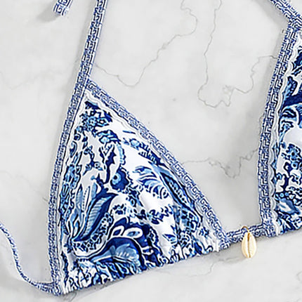 2025 New Bikini Cross-Border European and American Foreign Trade Printed Triangle Cup Pendant Sexy Bikini Swimsuit Swimwear for Women