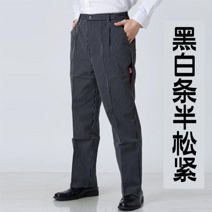 Wholesale Spot Hotel Restaurant Striped Chef Work Pants Elastic Band Elastic Black Waiter Overalls Customized