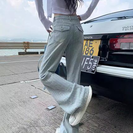 Light Jacquard Pants with Rear Pocket for 2024 Autumn High Waist Retro Flip Design Horn Denim Pants Niche