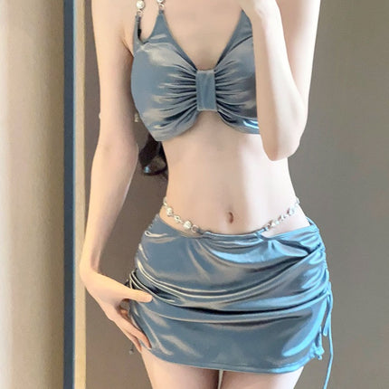 2025 New Swimsuit Women's Silver High-End Sexy Separates Three-Piece Set Hot Spring Vacation Fashion Bikini Hot Girl Outfit