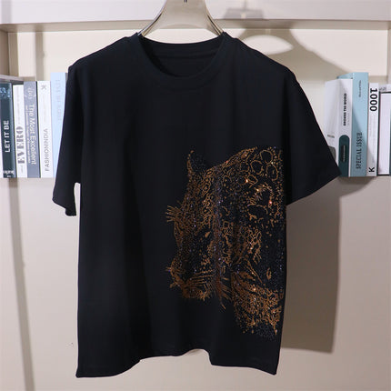 26 New Rhinestone Letter Leopard Head Personalized Cool Street Style Loose Unisex Short-Sleeve T-Shirt Plus Size Stylish