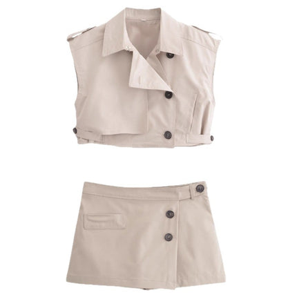 Cross-border Amazon Explosions Wholesale Spring New Lapel Single-breasted Sleeveless Trip Belt Short Top Short Culottes