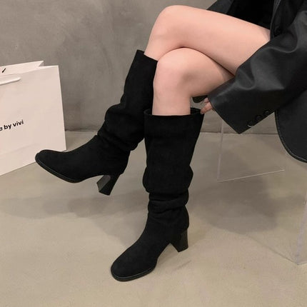 Women's Autumn Boots with Wide Calf Circumference, Square Toe, Long Slim Boots, Retro Style, Pleated Chunky Heel, High Tube Long Boots