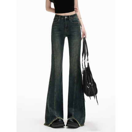 Vintage Flared Jeans for Women 2025 Autumn New High-Waisted Stretchy Slim Fit Frayed Hem Floor-Length Pants