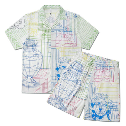 Foreign Trade Casual Hawaiian Beach Printed Short-Sleeved Shirt Cuban Collar European and American Retro Vacation Shorts Two-Piece Set