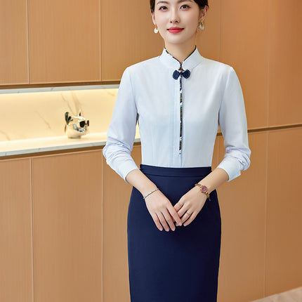 White Shirt Women's Vertical Collar Slim-fit Slimming Top with Buckle Korean Style Elegant Hotel Front Desk Attendant Professional Shirt