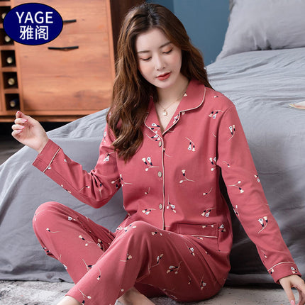 Pure Cotton Pajamas Women's Spring and Autumn Long-sleeved Cardigan Suit for Middle-aged and Elderly Mothers Large Size Outfit Home Clothes for Winter