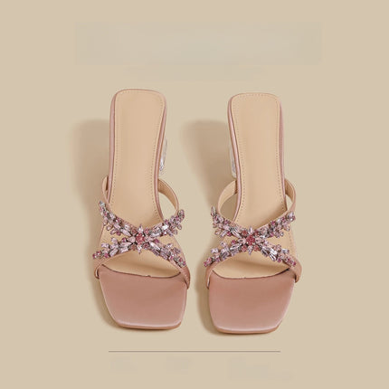 2026 Summer Crystal Heel Square-Toe Sandals for Women, Chunky Heel Fashion Versatile Slip-On Open-Toe Mules