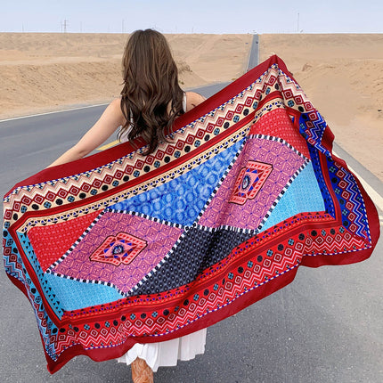 Ethnic Style Printed Silk Scarf Women's Seaside Travel Sun Protection Gauze Air Conditioning Warm Scarf Versatile Long Shawl