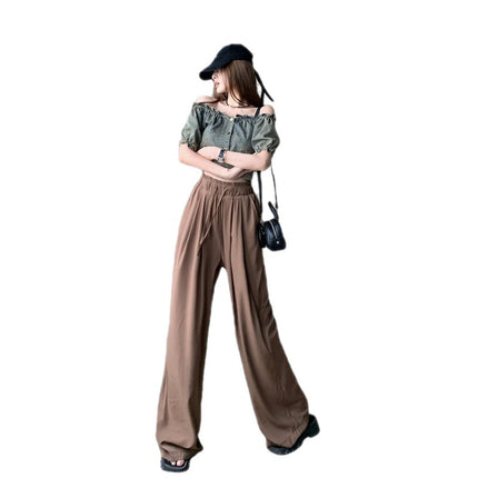 French Retro Denim Short Shoulder Shirt + High Waist Slimming Cold Draped Casual Pants Set