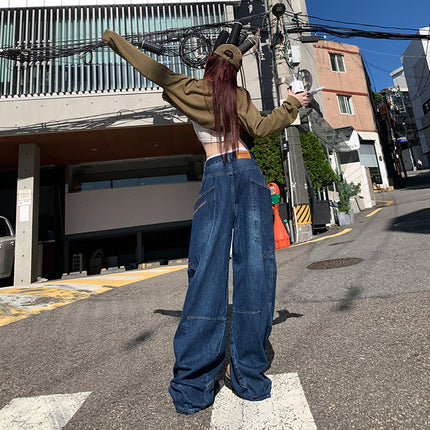 Vintage dark blue High Street Loose Fashion Machete Pants Women's Spring Design Sense Big Pocket Wide Leg Jeans Mop Pants