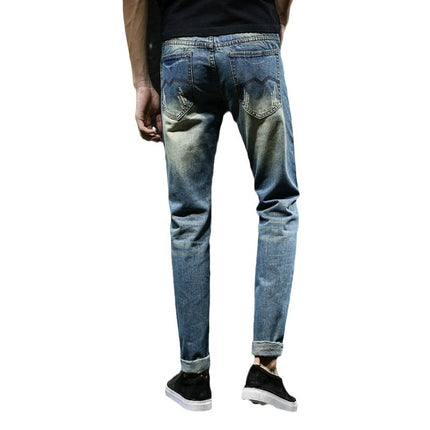 2025 Autumn Ripped Light Blue Jeans Men's Trendy Brand Slim Small Straight-Leg Pants Trendy Easiest for Match Beggar Pants