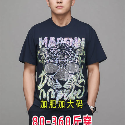 26 New Rhinestone Letter Leopard Head Personalized Cool Street Style Loose Unisex Short-Sleeve T-Shirt Plus Size Stylish