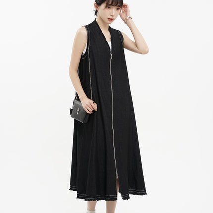 Summer Japanese Style Retro Design Sense Casual V-neck Zipper Edge Hem Collar Sleeveless Vest Denim dress