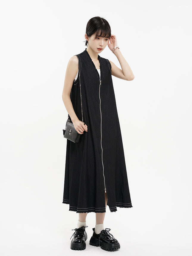 Summer Japanese Style Retro Design Sense Casual V-neck Zipper Edge Hem Collar Sleeveless Vest Denim dress