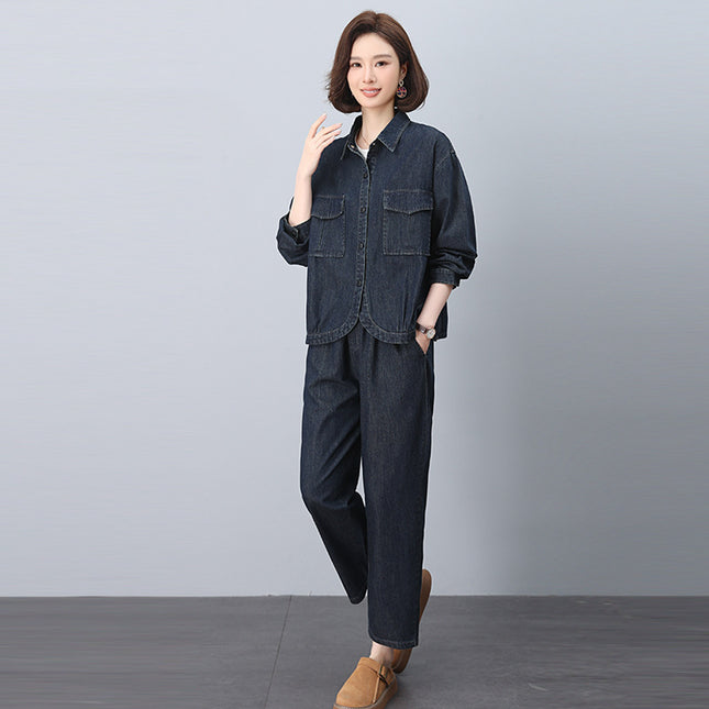 Fashion Retro suit Women's Set of 2025 Spring and Autumn New Mother Loose Casual Elegant Jeans Two-Piece Set