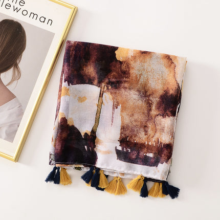 Elegant soft silk yarn cotton and linen feel scarf ink painting long tassel large scarf travel sunscreen beach towel