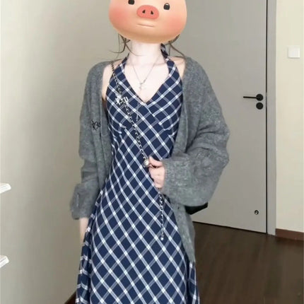French style plaid suspenders dress women's 2025 new summer small a set of wear long skirt